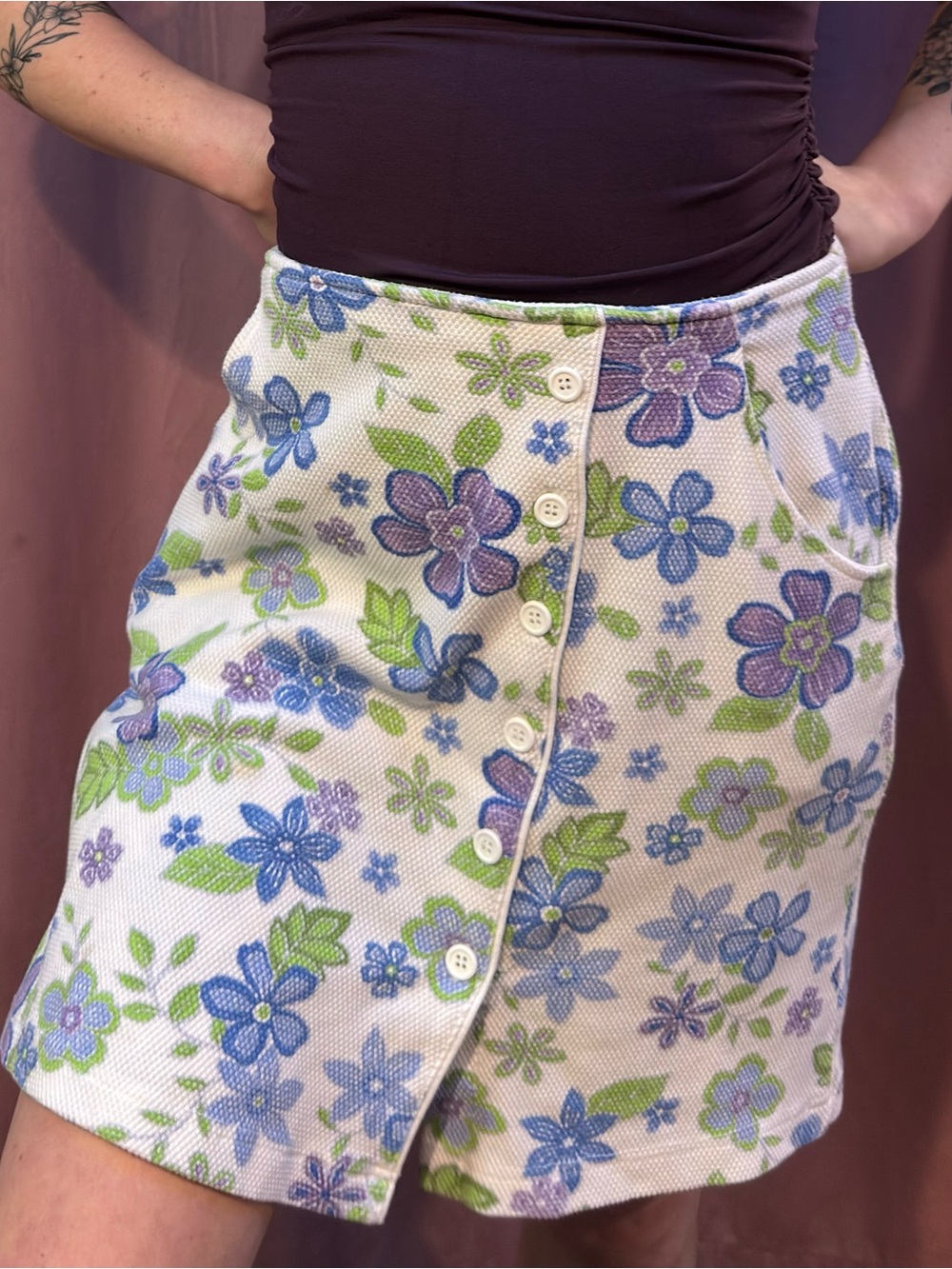 Vintage 90s Floral Button Front Skort Mini Skirt Purple Blue Green M